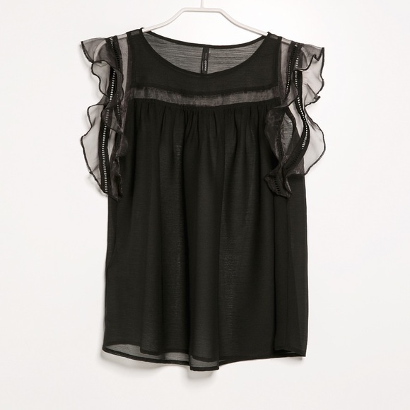 Mango Organza Appliqué Top Black XS/S - Picture 1 of 4